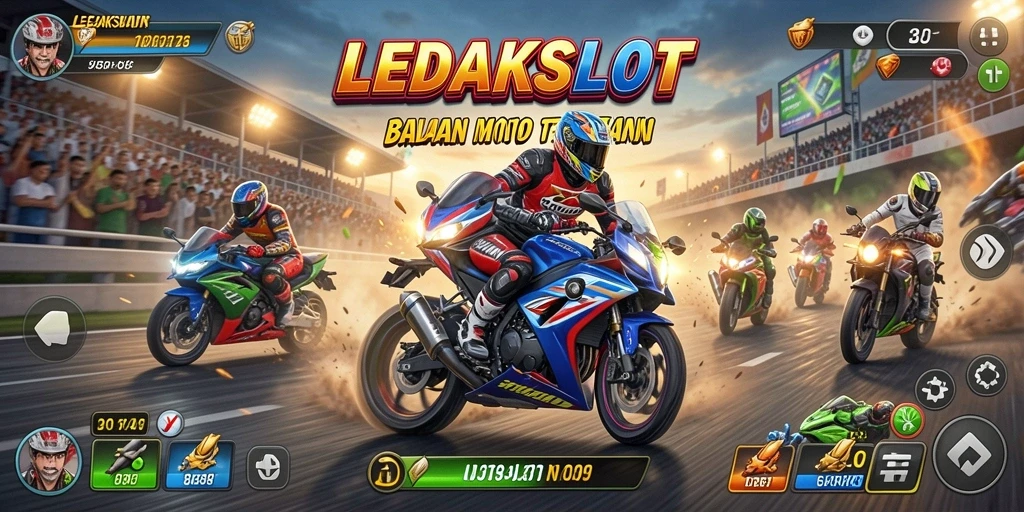 Tampilan menarik dari gameplay LEDAKSLOT dengan aksi balapan motor.