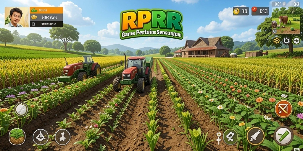 Tampilan gameplay RPRR dengan kebun yang subur dan hewan ternak.
