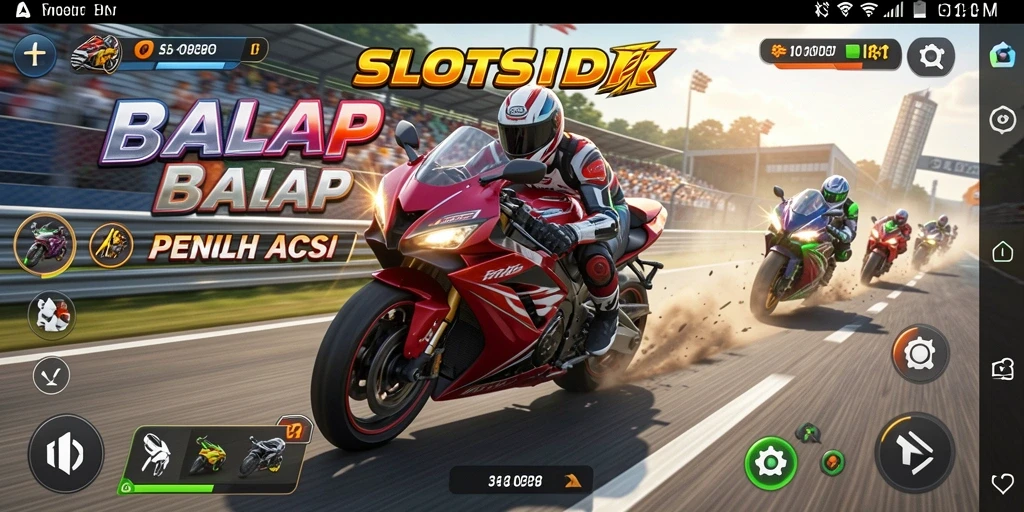 Screenshot utama SLOTSIDR menampilkan aksi balap motor yang memukau.
