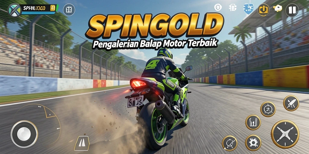 Screenshot gameplay SPINGOLD menampilkan aksi balap motor yang mendebarkan.