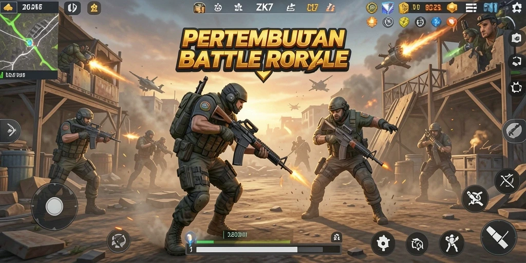 Tampilan gameplay ZK7 dalam pertarungan Battle Royale yang mendebarkan.